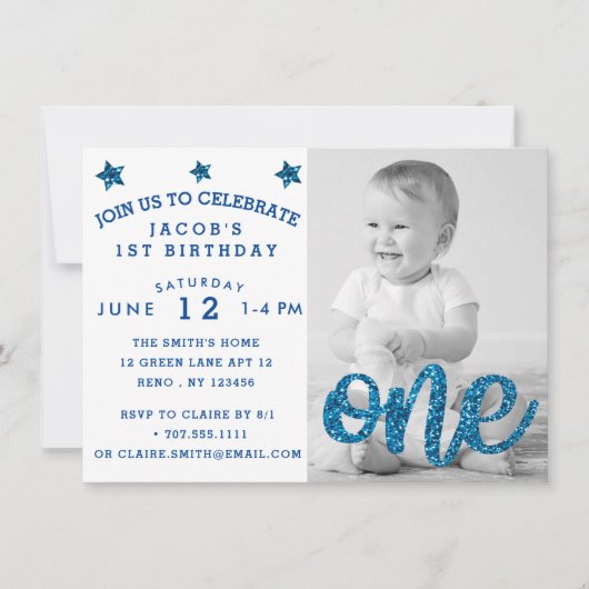ボーイズファースト誕生日ブルーグリッターフォト 招待状 (正面)