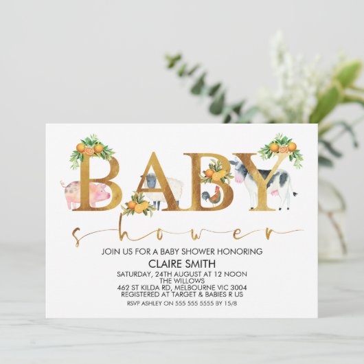 ボーイズファームアニマルワードベビーシャワー招待状 招待状 (スタンド正面)