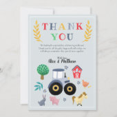 ボーイズファーム動物とブルートラクターベビーシャワー サンキューカード (正面)