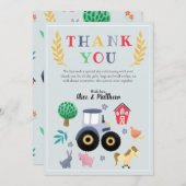 ボーイズファーム動物とブルートラクターベビーシャワー サンキューカード (正面/裏面)