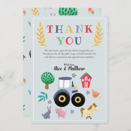 ボーイズファーム動物とブルートラクターベビーシャワー サンキューカード (正面/裏面)