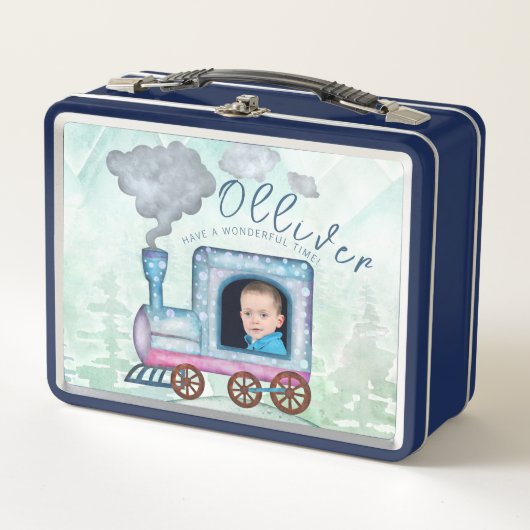 ボーイズフォトウォーターカラートレイン誕生日 メタルランチボックス (正面)