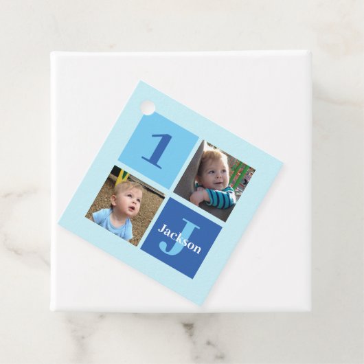 ボーイズフォトコラージュカスタム子供の誕生日ブルーパーティー フェイバータグ (インサイチュ)