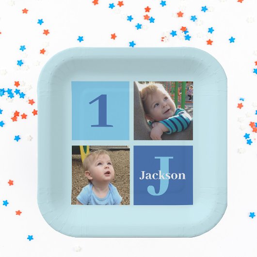 ボーイズフォトコラージュカスタム子供の誕生日ブルーパーティー ペーパープレート