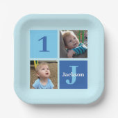 ボーイズフォトコラージュカスタム子供の誕生日ブルーパーティー ペーパープレート (正面)