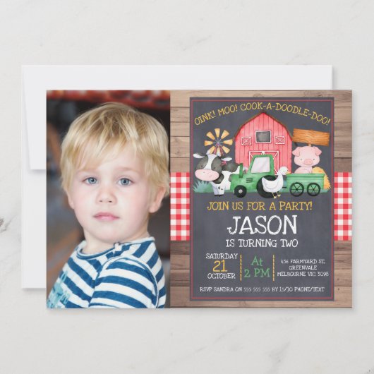 ボーイズフォトファームグリーントラクターシャルボード誕生日 招待状 (正面)
