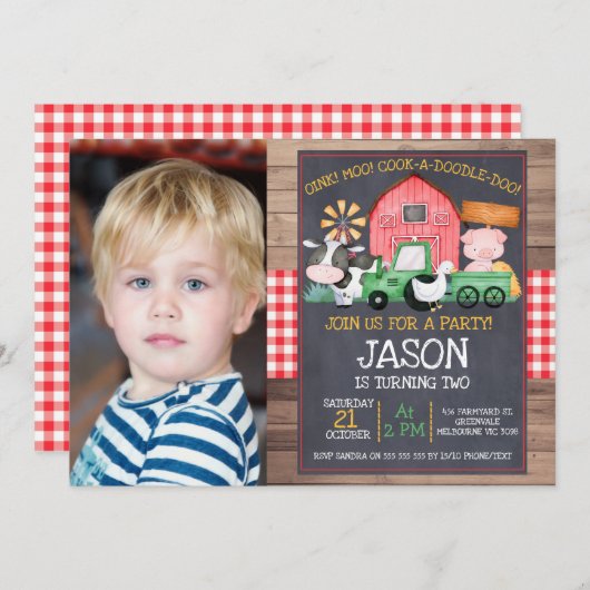 ボーイズフォトファームグリーントラクターシャルボード誕生日 招待状 (正面/裏面)