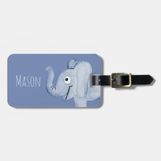 ボーイズブルーウォーターカラーエレファントサファリ&キッズネーム ラゲッジタグ (正面横)
