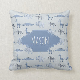 ボーイズブルーウォーターカラージャングルサファリベビー子供部屋 クッション