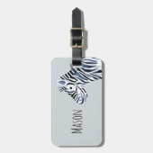 ボーイズブルーウォーターカラーゼブラサファリとキッズ名 ラゲッジタグ (正面縦)