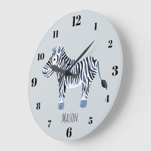 ボーイズブルーウォーターカラーゼブラサファリ子供部屋名 ラージ壁時計 (傾斜)