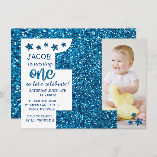 ボーイズブルーグリッターフォトファースト誕生日 招待状 (正面/裏面)