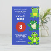 ボーイズブルーグリーンカエル誕生日パーティー任意の年齢 招待状 (スタンド正面)