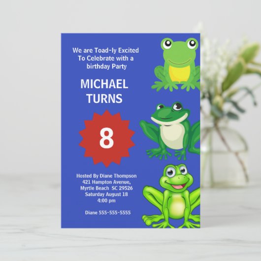 ボーイズブルーグリーンカエル誕生日パーティー任意の年齢 招待状 (スタンド正面)