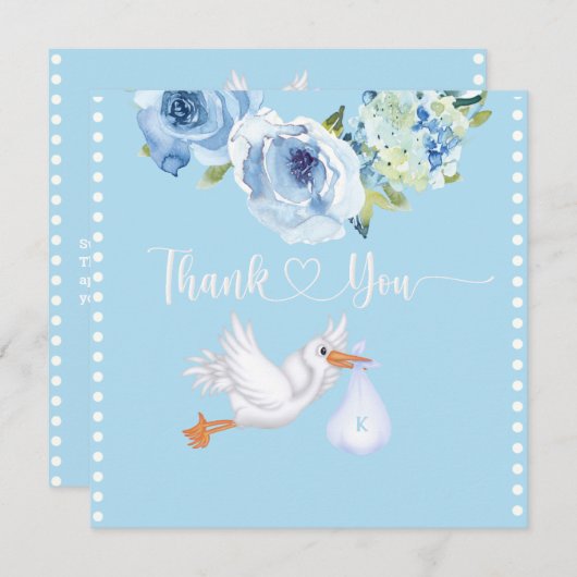 ボーイズブルーストークモノグラムフローラベビーシャワー サンキューカード (正面/裏面)