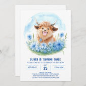 ボーイズブルーハイランドカウピクニック子供の誕生日 招待状 (正面/裏面)