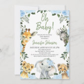 ボーイズブルーバラサファリ動物ベビーシャワー 招待状 (正面)