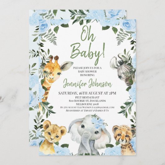 ボーイズブルーバラサファリ動物ベビーシャワー 招待状 (正面/裏面)
