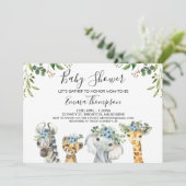 ボーイズブルーフローラサファリ動物のベビーシャワー 招待状 (スタンド正面)