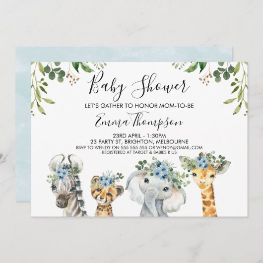 ボーイズブルーフローラサファリ動物のベビーシャワー 招待状 (正面/裏面)