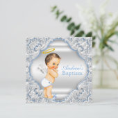 ボーイズブルーホワイトエンジェルボーイベビーバプテスマ 招待状