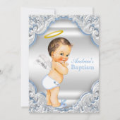 ボーイズブルーホワイトエンジェルボーイベビーバプテスマ 招待状 (正面)