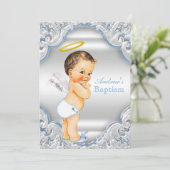 ボーイズブルーホワイトエンジェルボーイベビーバプテスマ 招待状 (スタンド正面)