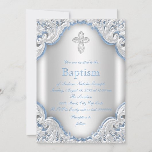 ボーイズブルーホワイトエンジェルボーイベビーバプテスマ 招待状 (裏面)