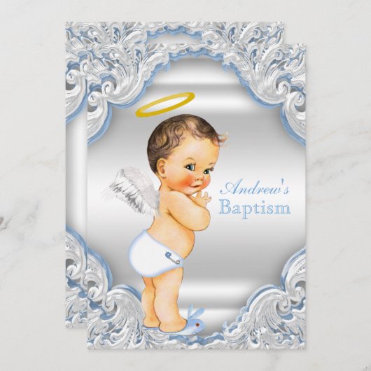 ボーイズブルーホワイトエンジェルボーイベビーバプテスマ 招待状 (正面/裏面)