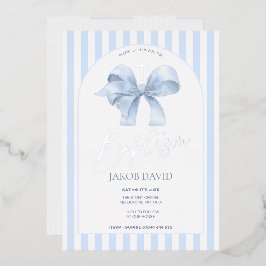 ボーイズブルーボウとストライプバプテスマ招待状 箔招待状