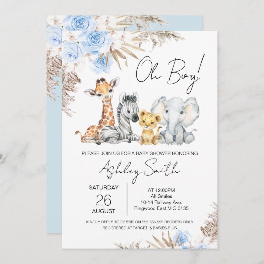 ボーイズブルーボホフローラサファリベイビーシャワー 招待状 (正面/裏面)