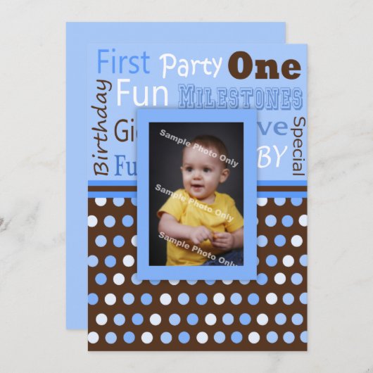 ボーイズブルー水玉模様ベビー初の誕生日写真 招待状 (正面/裏面)