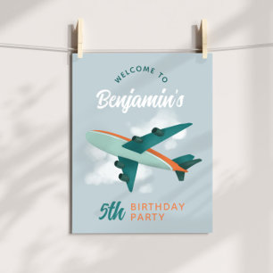 ボーイズブルー飛行機旅行誕生日ウェルカムサイン ポスター