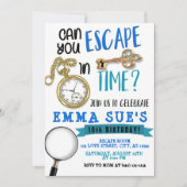 ボーイズブルー&グレーエスケープルーム誕生日 招待状 (正面)