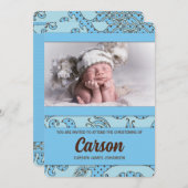 ボーイズブルー&ブラウンヴィンテージフローラ《キリスト教》洗礼式や命名式 招待状 (正面/裏面)