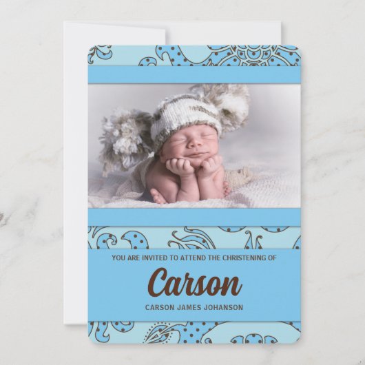 ボーイズブルー&ブラウンヴィンテージフローラ《キリスト教》洗礼式や命名式 招待状 (正面)