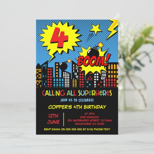ボーイズブーム漫画スーパーヒーロー4th誕生日 招待状 (スタンド正面)
