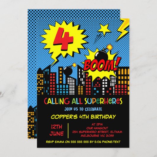 ボーイズブーム漫画スーパーヒーロー4th誕生日 招待状 (正面/裏面)