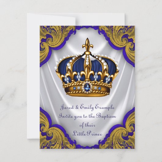 ボーイズプリンスバプテスブルー王室の金ゴールドスワールサテン 招待状 (正面)