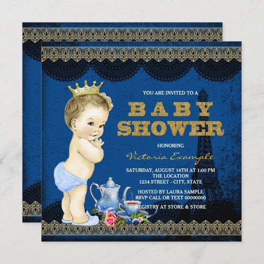 ボーイズプリンスパリティーパーティーベビーシャワーブルー王室のホテル 招待状 (正面/裏面)