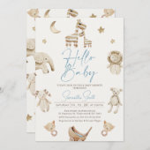 ボーイズベージュぬいぐるみ動物ベビーシャワー招待状 招待状 (正面/裏面)