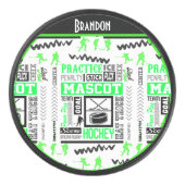 ボーイズホッケー用語ネオンパーソナライズされたグリーン アイスホッケーパック (正面)