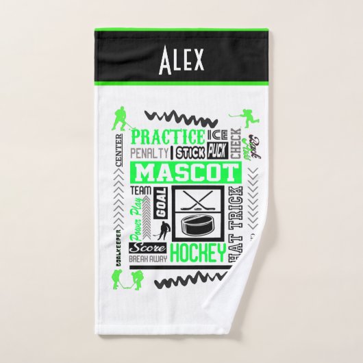 ボーイズホッケー用語ネオンパーソナライズされたグリーン ハンドタオル (ハンドタオル)