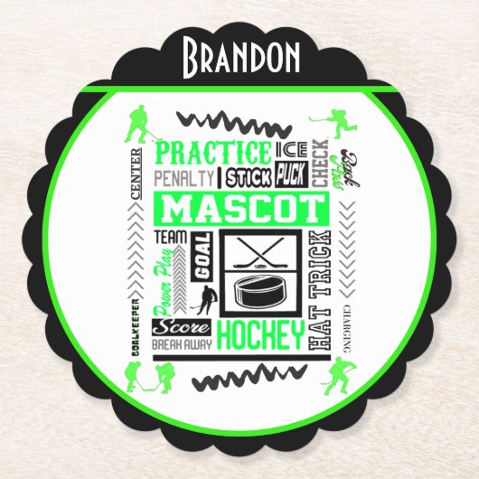 ボーイズホッケー用語ネオンパーソナライズされたグリーン ペーパーコースター (正面)