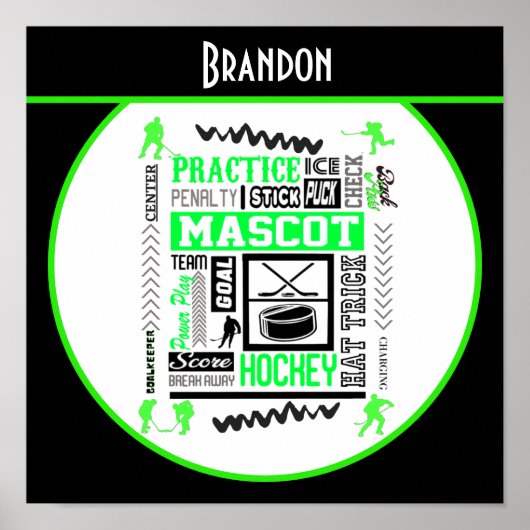 ボーイズホッケー用語ネオンパーソナライズされたグリーン ポスター (正面)