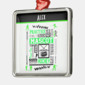 ボーイズホッケー用語ネオンパーソナライズされたグリーン メタルオーナメント (左)