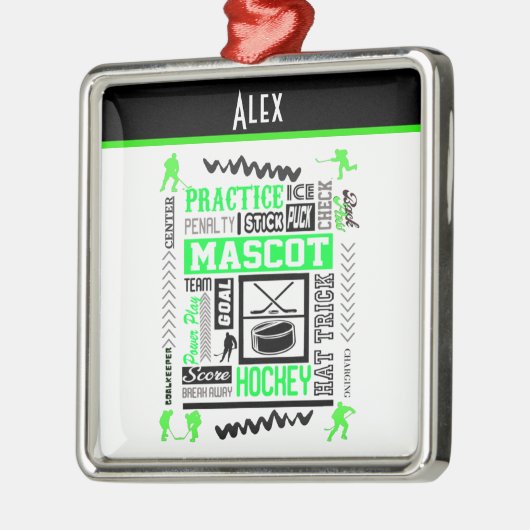 ボーイズホッケー用語ネオンパーソナライズされたグリーン メタルオーナメント (左)