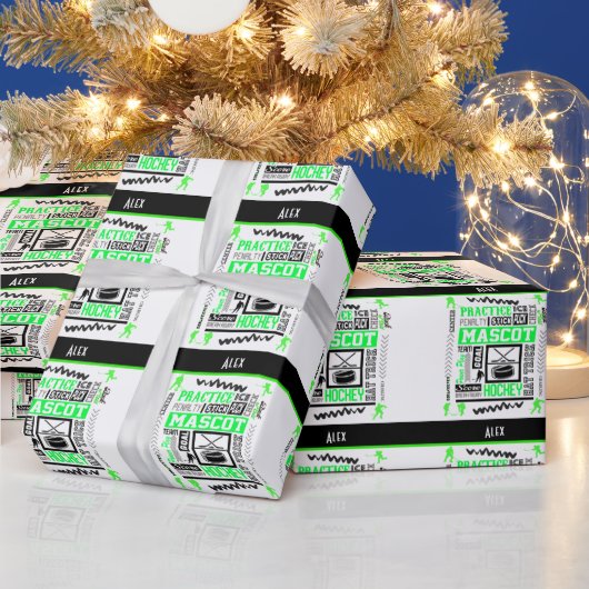 ボーイズホッケー用語ネオンパーソナライズされたグリーン ラッピングペーパー (クリスマス)