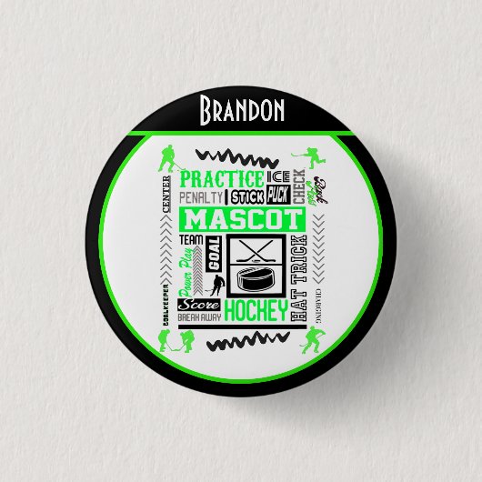 ボーイズホッケー用語ネオンパーソナライズされたグリーン 缶バッジ (正面)