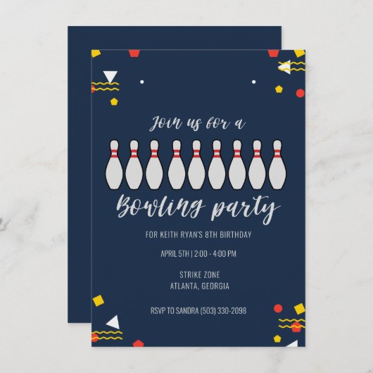 ボーイズボーリングのテーマ子供の誕生日パーティーへの招待 招待状 (正面/裏面)